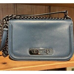 Coach Swagger 54640 Rich Blue Leather‎ GunMetal Chain Shoulder Bag Twin TurnLock